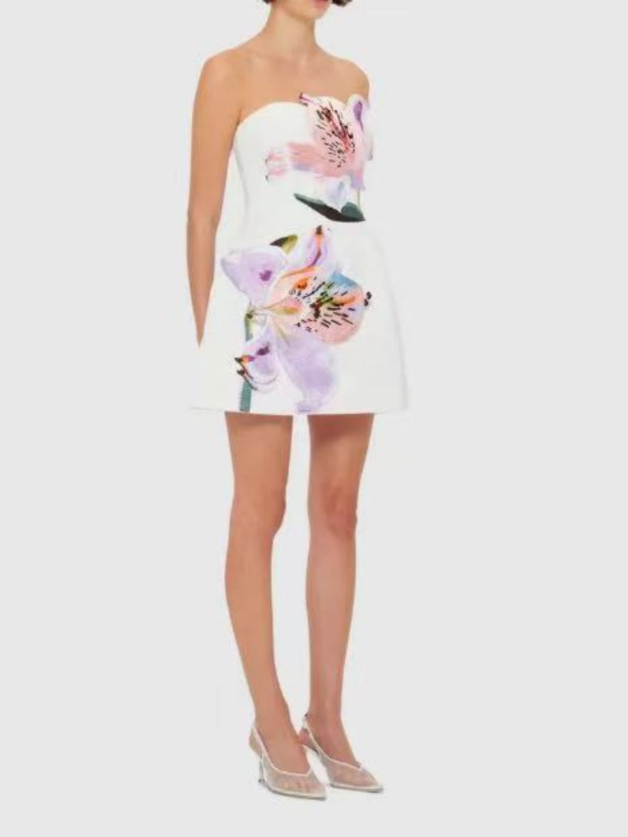 3D Floral Patchwork A-line Strapless Short Dress