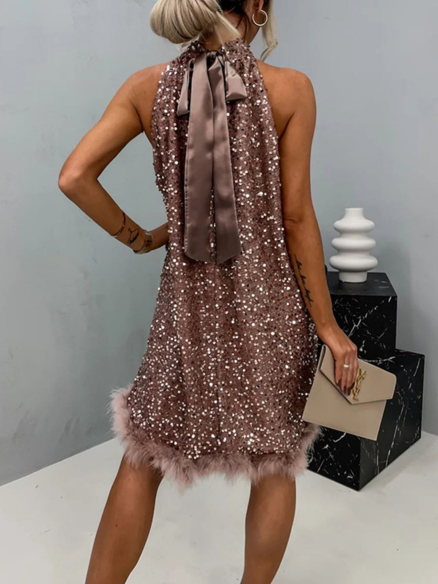 Sequins Feather Halter Lace Up Two-way Parties Mini&Short Dresses