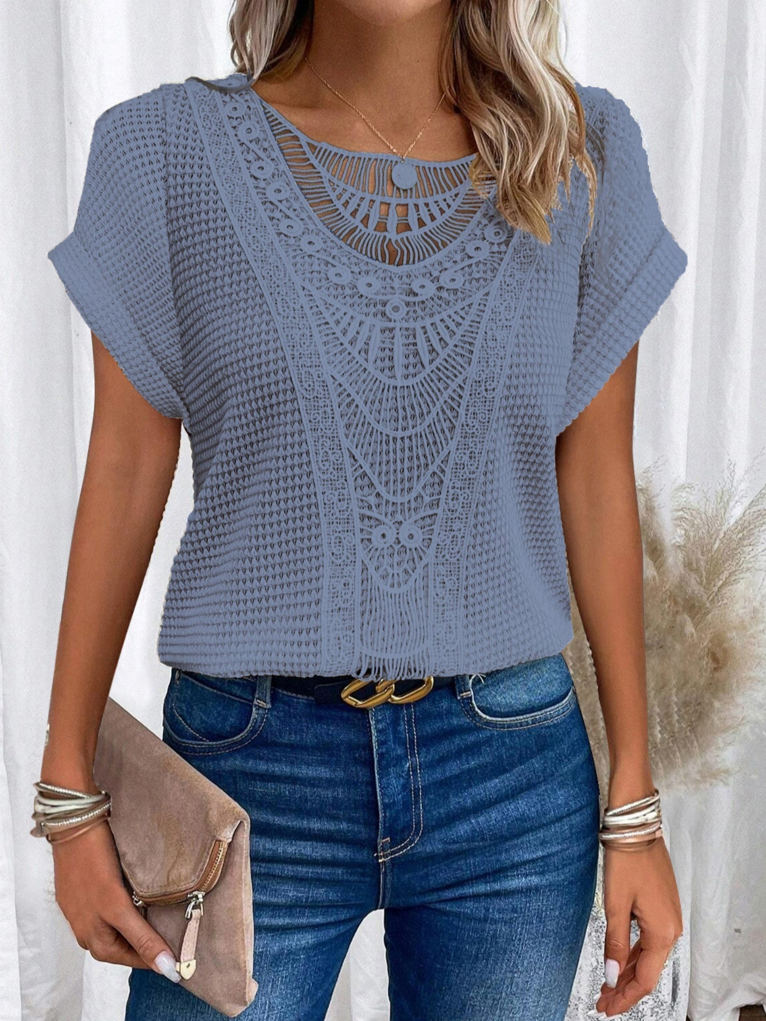 Openwork Lace Crew Neck Patchwork Cropped T-shirt