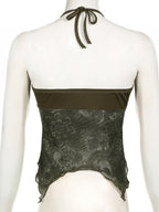 Metal Buckle Pleated Halter Neck And Backless Tank Top