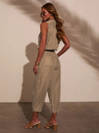 Denim Waist Cinching With Straps V-neck Sleeveless Loose-fit Jumpsuits