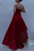 Strapless Hollow Out Lace Irregular Hem Maxi Dress