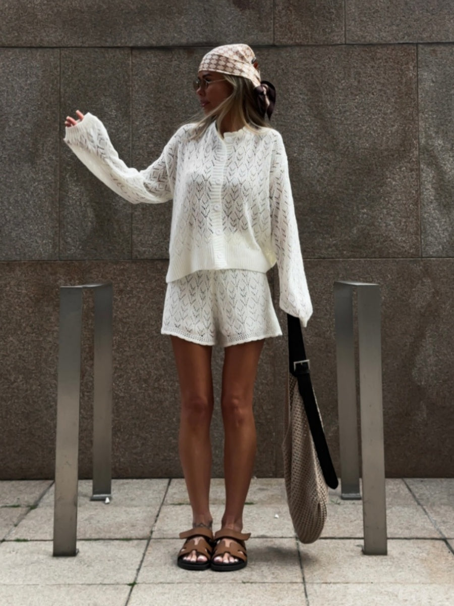 Jacquard Knitting Hollow Cardigan Top Shorts Set 2-piece Sets