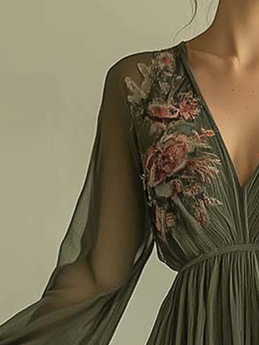 Floral Digital Positioning Printing Long-sleeved V-neck Long Dress