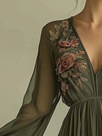 Floral Digital Positioning Printing Long-sleeved V-neck Long Dress