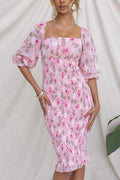 Square Neck Smocked Floral Print Midi Bodycon Dress