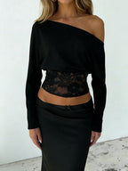 Splicing Lace Off Shoulder Long Sleeve Batwing Sleeves T-shirts