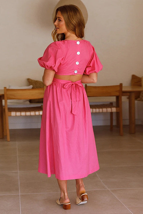Deep V-Neck Puff Sleeve Side Waist Cutout A-Line Midi Dress