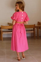 Deep V-Neck Puff Sleeve Side Waist Cutout A-Line Midi Dress