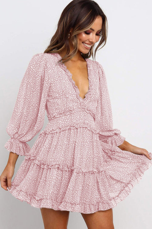 Micro Spotted Print Ruffle V-Neck Balloon Sleeve Tiered Ruffle Mini Dress