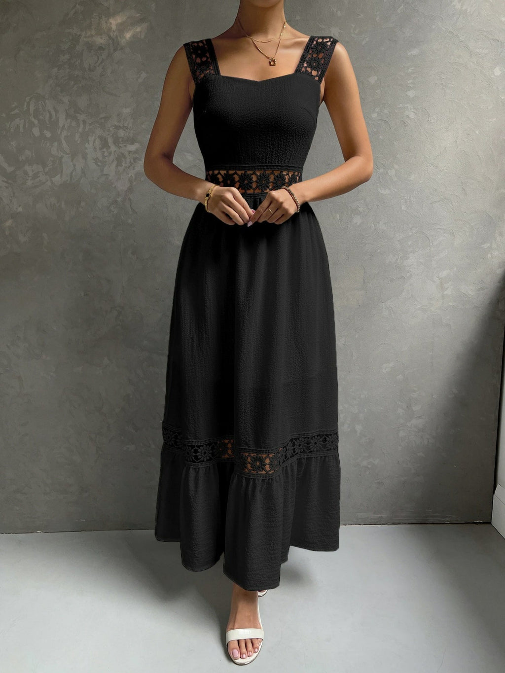 Lace Cutout Trim Sleeveless Patchwork Slim Fit Maxi Dresses