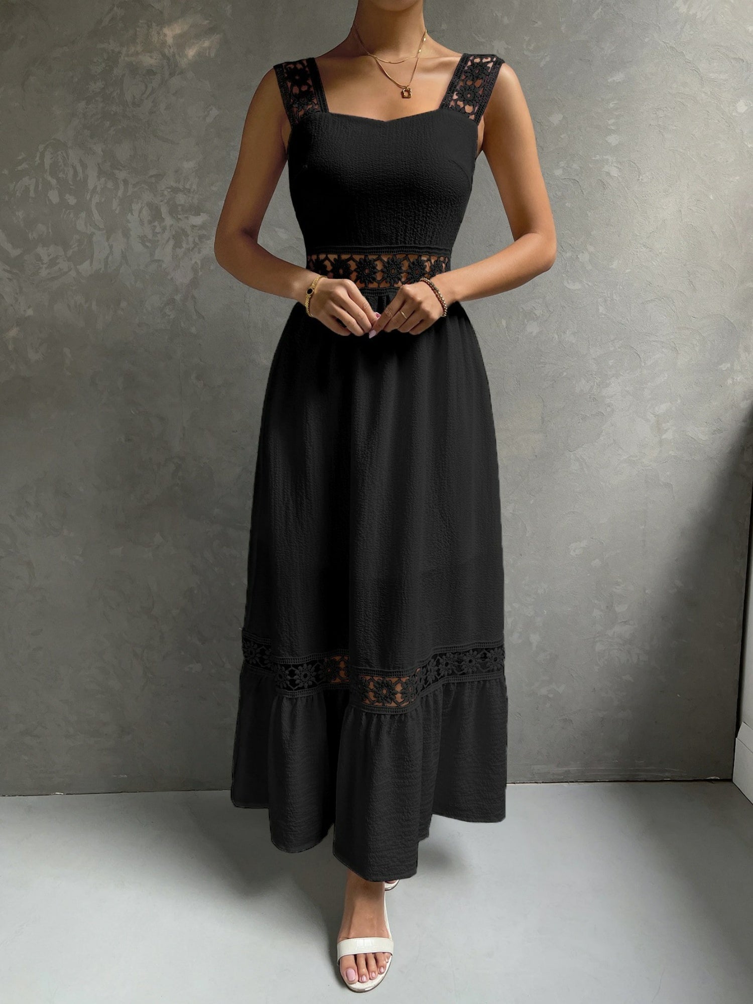 Lace Cutout Trim Sleeveless Patchwork Slim Fit Maxi Dresses