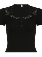 Lace Trim Square Neck Long-sleeved Top Button-down Halter Neck Tank Top