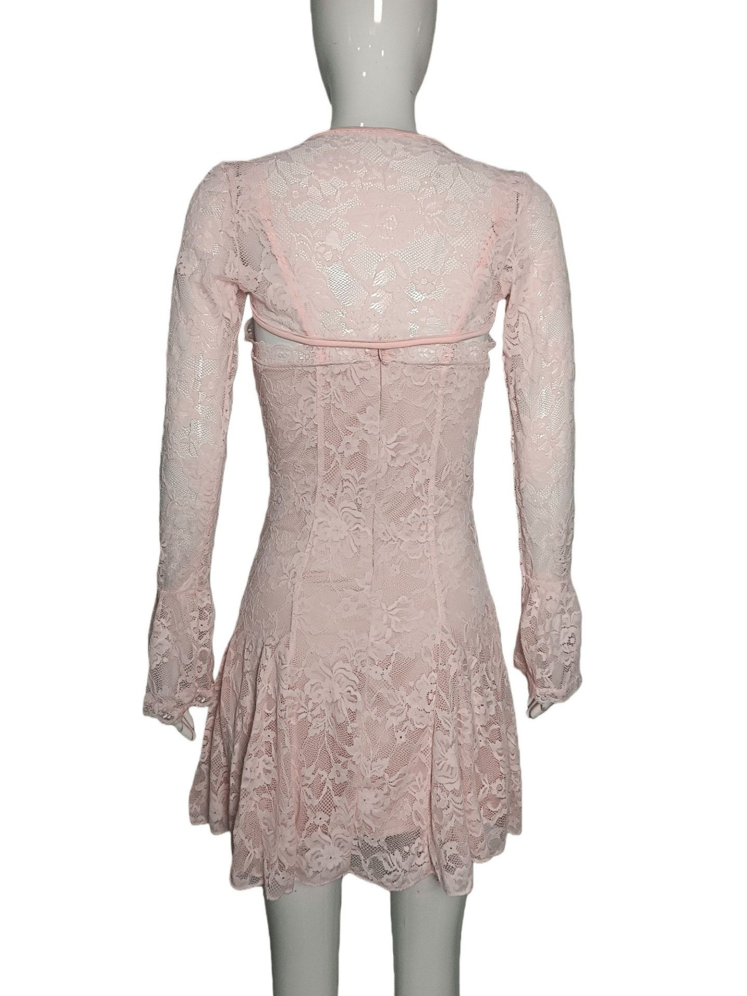Lace Patchwork Hollow Out Straps Flared Long Sleeves Mini&Short Dresses
