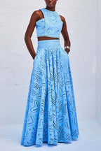 Eyelet Lace Heart Print Scalloped Trim Crop Top Wide Leg Pants Two Piece Set