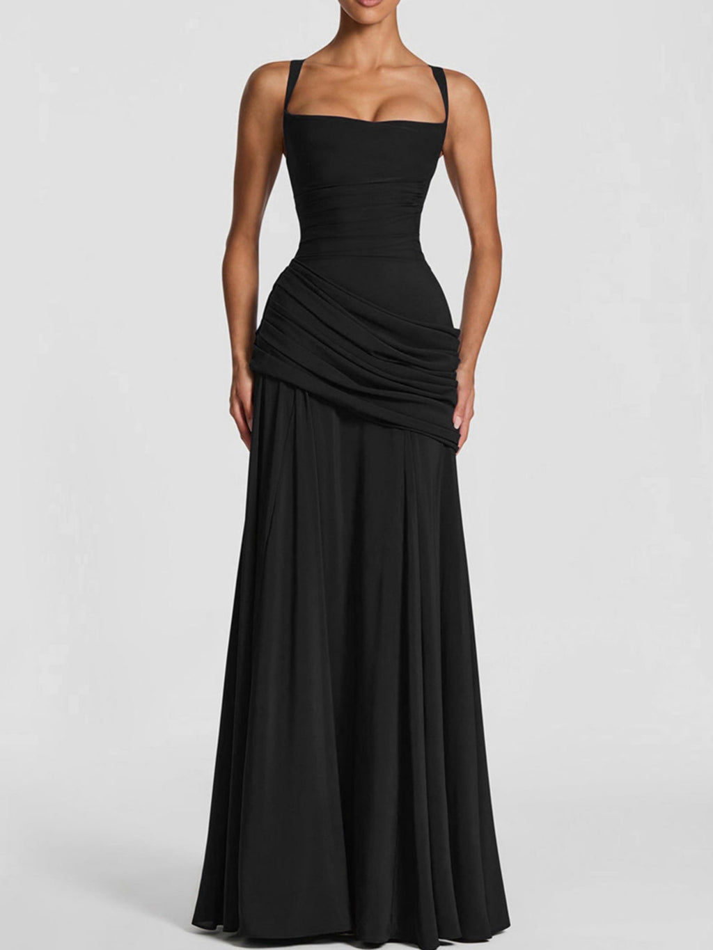 Pleated Waist-cinching And Backless Fish Tail Low-cut Halter Top Maxi Dresses