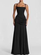 Pleated Waist-cinching And Backless Fish Tail Low-cut Halter Top Maxi Dresses