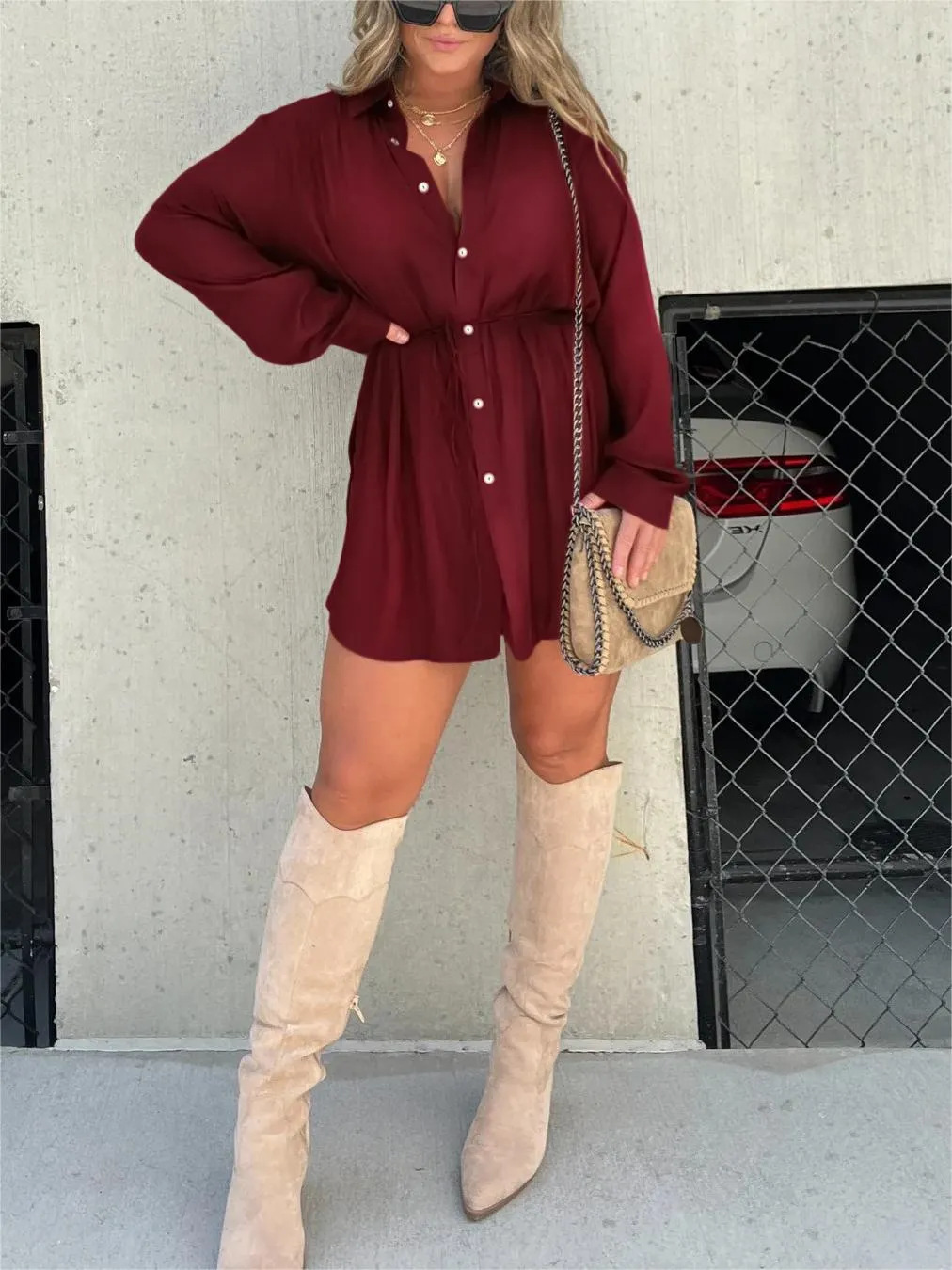 Long Sleeve Button Down Drawstring Waist Shirt Mini Dress