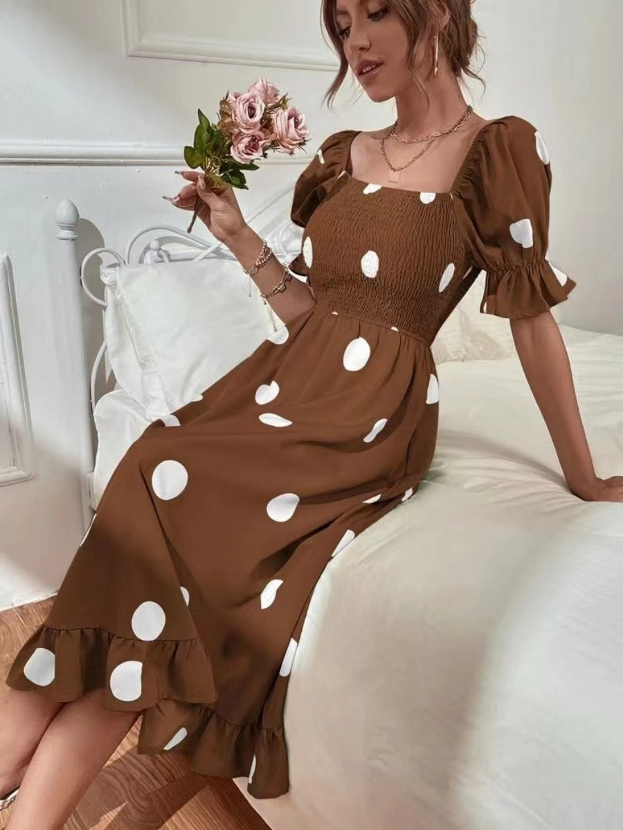 Square Collar Polka Dots Short Sleeve Ruffle Vacation And Leisure Maxi Dresses