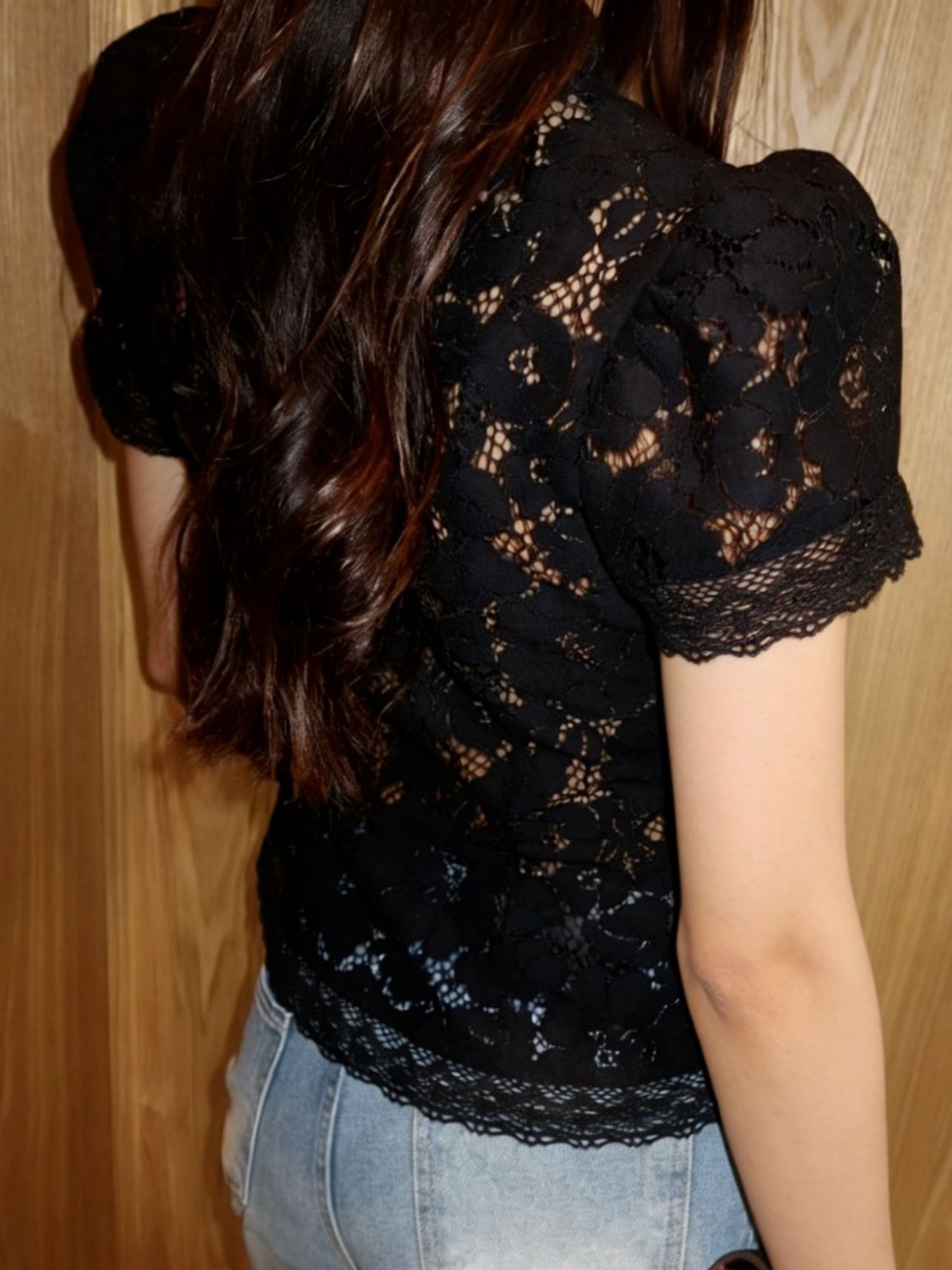 Lace Crochet Stand Collar Button Short-sleeved T-shirt