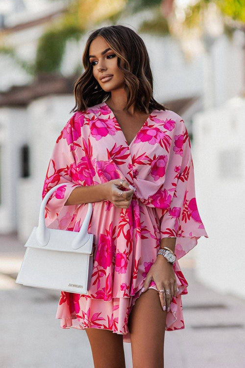 Abstract Print Plunging V-Neck Twist Front Bell Sleeve Tiered Mini Dress