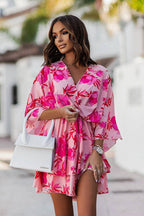 Abstract Print Plunging V-Neck Twist Front Bell Sleeve Tiered Mini Dress
