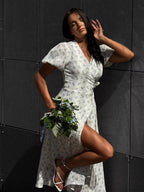 Pure Cotton Bandage Wrap-up Puff Sleeve Printed Comfort Maxi Dresses