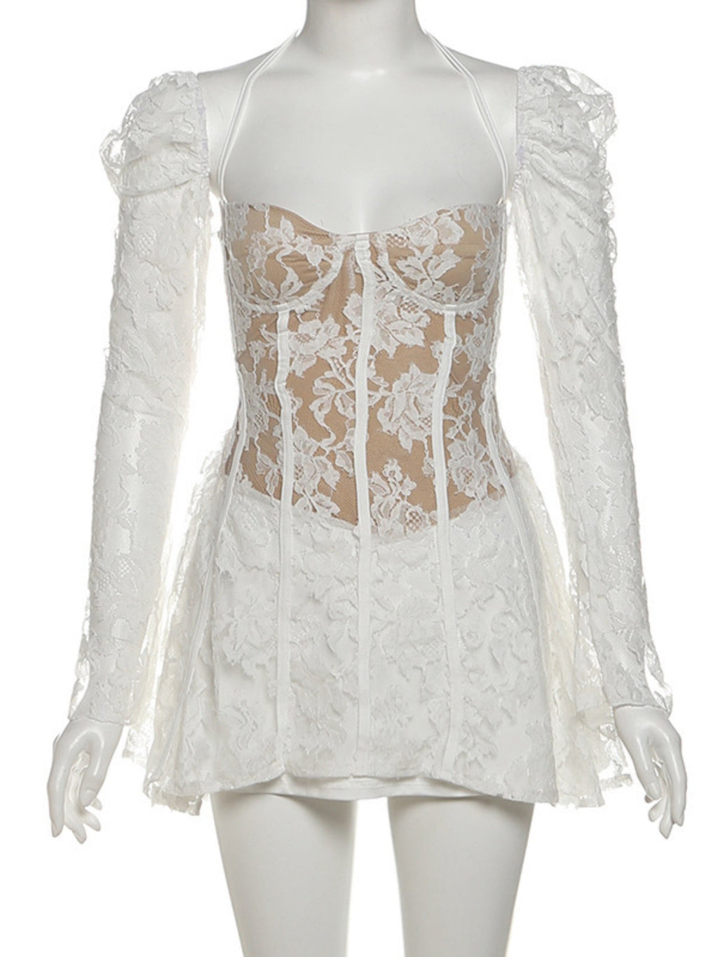 Lace Patchwork Halter Neck And Off-shoulder Waist-cinching And Backless Mini&Short Dresses
