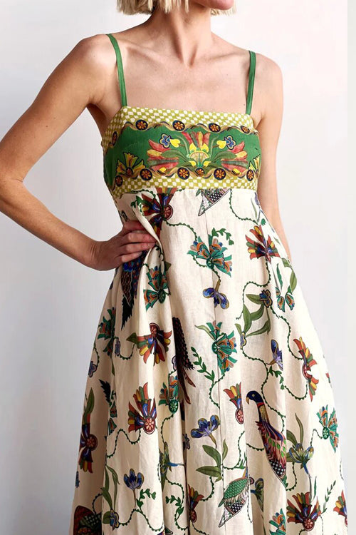 Spaghetti Strap Square Neck Botanical Fruit Print Scalloped Hem Midi Dress
