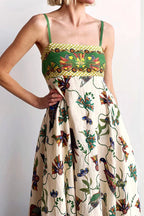 Spaghetti Strap Square Neck Botanical Fruit Print Scalloped Hem Midi Dress