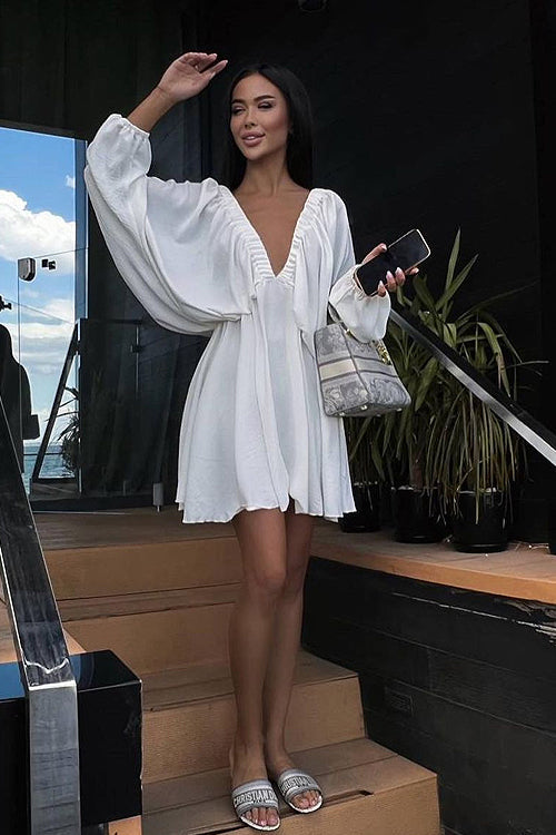 Crinkle Texture Deep V-Neck Puff Sleeve Babydoll Mini Dress