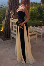 Spaghetti Strap Low Cut Color Block Swing Maxi Dress