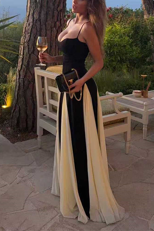Spaghetti Strap Low Cut Color Block Swing Maxi Dress