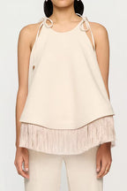 Tie Knot Shoulder Sleeveless Fringe Hem Top