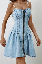 Denim Spaghetti Strap Bustier Zip Front Pleated Fit and Flare Mini Dress