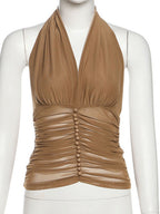 Mesh Pleats V-neck Halter Neck Backless Tank Tops
