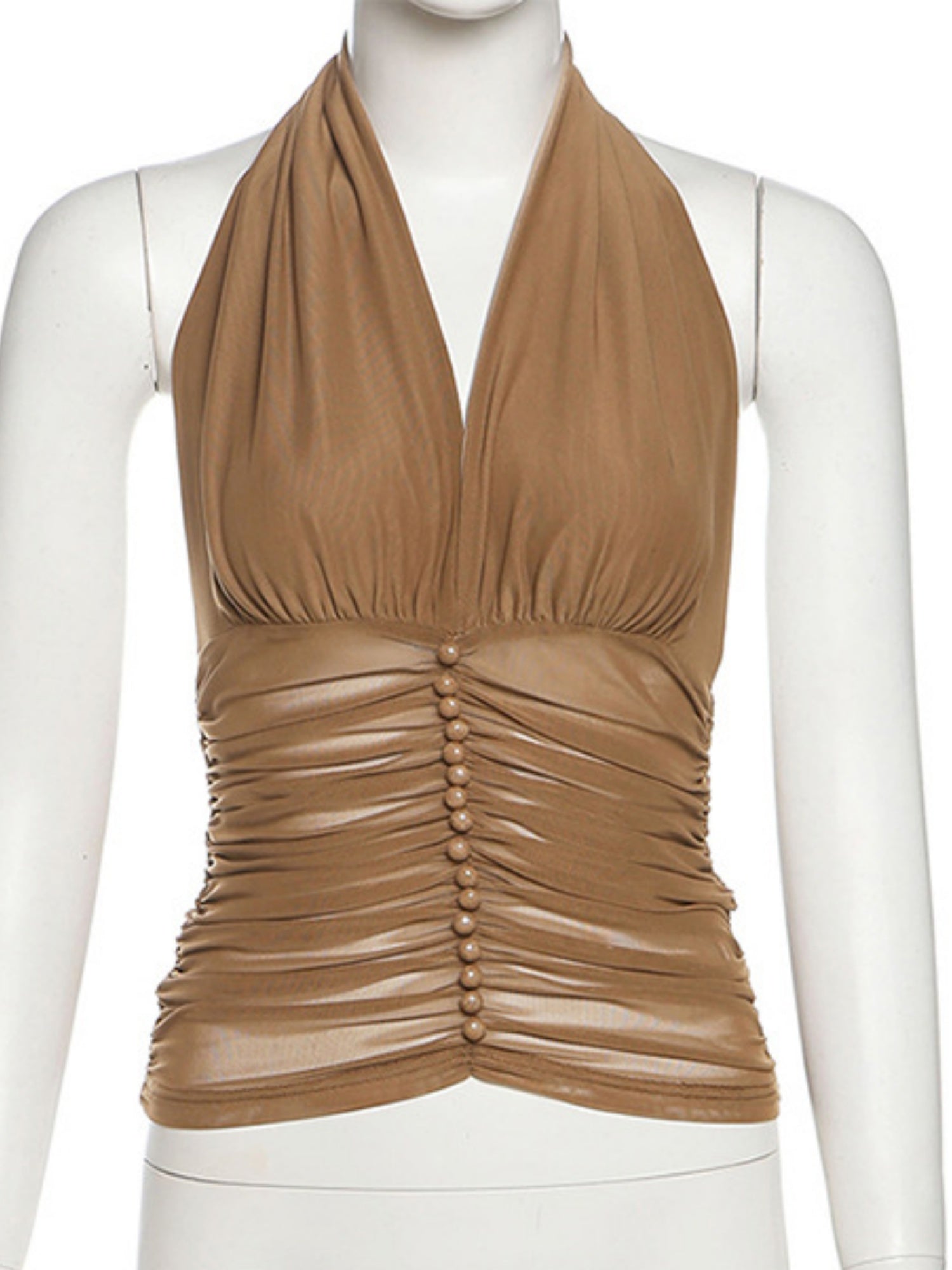 Mesh Pleats V-neck Halter Neck Backless Tank Tops