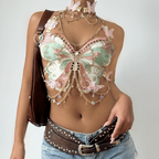 Butterfly embroidery metal chain halter top with choker  | Festival Outfits Women