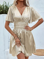 V-neck With Ruffled Sleeves Metallic Color Mini&Short Dresses
