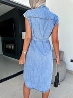 Denim Collared Sleeveless Studded Pockets Waist Tie Maxi Dresses
