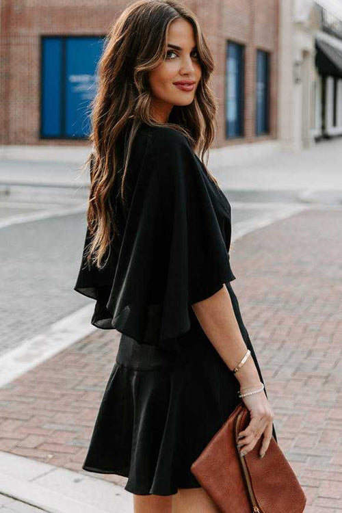 Surplice Wrap Buckle Waist Flutter Sleeve Ruffled Hem Mini Dress