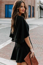 Surplice Wrap Buckle Waist Flutter Sleeve Ruffled Hem Mini Dress