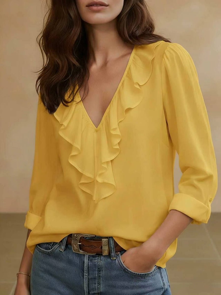 V-neck Pleated Ruffle Chiffon Blouse