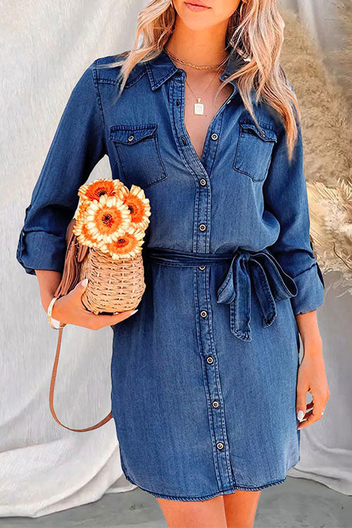 Rolled Up Long Sleeves Tie Waist Denim Shirt Dress