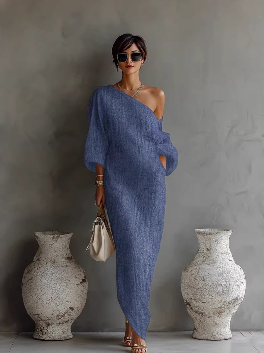 Long Sleeve Off-shoulder Comfort Loose-fit Maxi Dresses