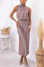 High Neck Zipper Back Waisted Satin Midi Dress