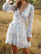 Floral Lace Deep V-neck Waist Puff Sleeve Sweet Mini&Short Dresses