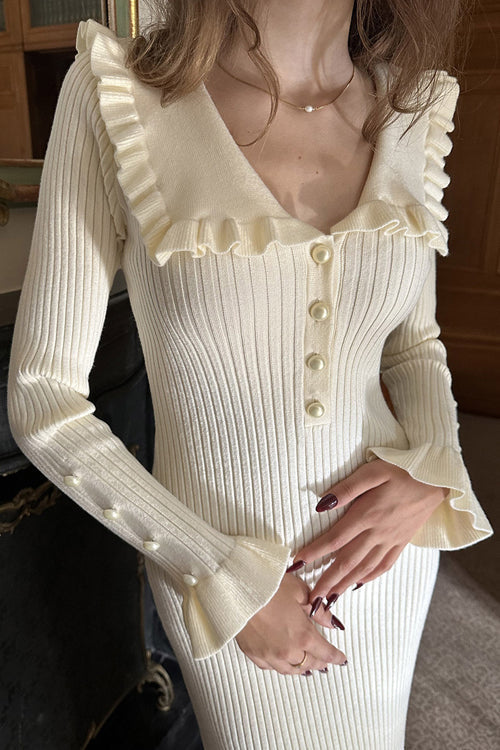 Peter Pan Collar Ribbed Knit Pearl Button Ruffle Cuff Midi Dress