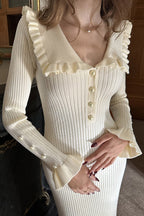 Peter Pan Collar Ribbed Knit Pearl Button Ruffle Cuff Midi Dress