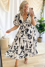 Abstract Geometric Print Deep V-Neck Puff Sleeve Cinched Waist Maxi Dress